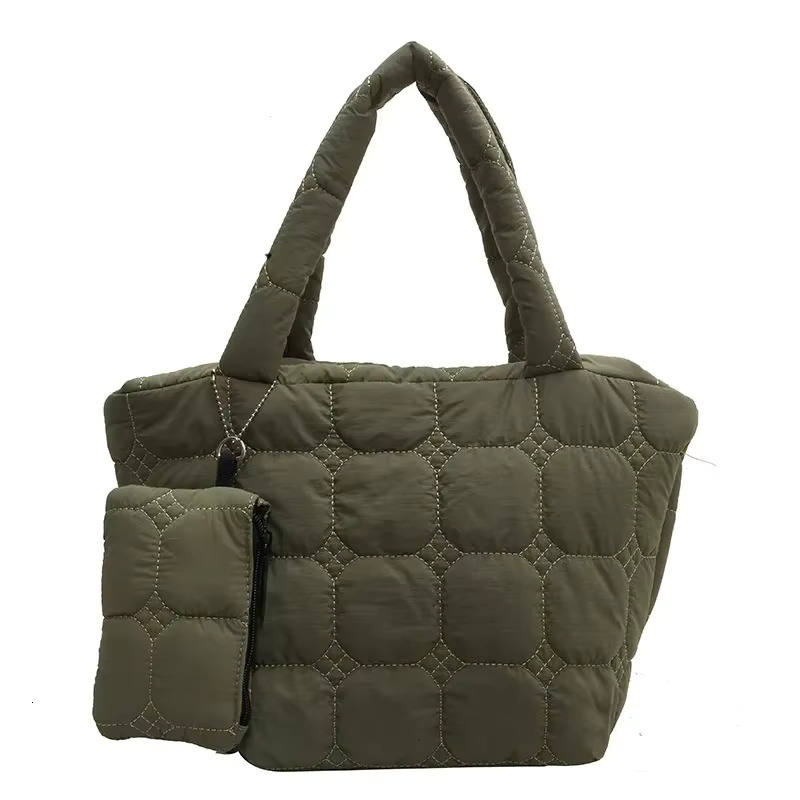Fashion Quilted Embroidery Thread Handbag Lightweight Puffy Top-Handle Large Capacity Ladies Small Totes Bag With Mini Purse Cotton Fabric Cartoon