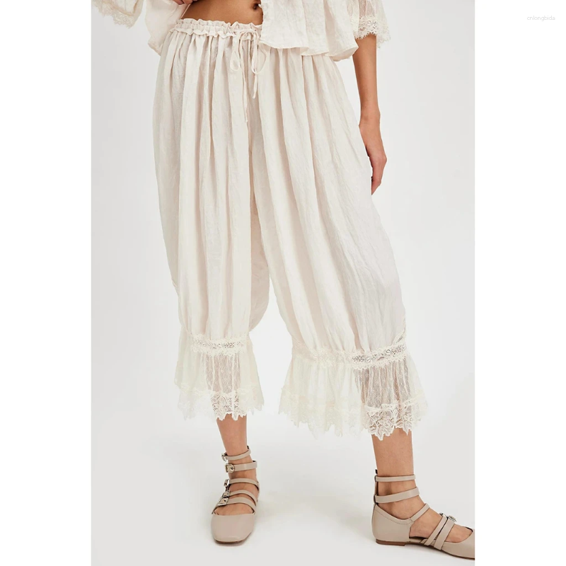 Womens Pants Combhasaki Y2K Loose Fit Bloomers Cropped Drawstring High Waist Floral Lace Patchwork Calf-Length Lantern Trousers
