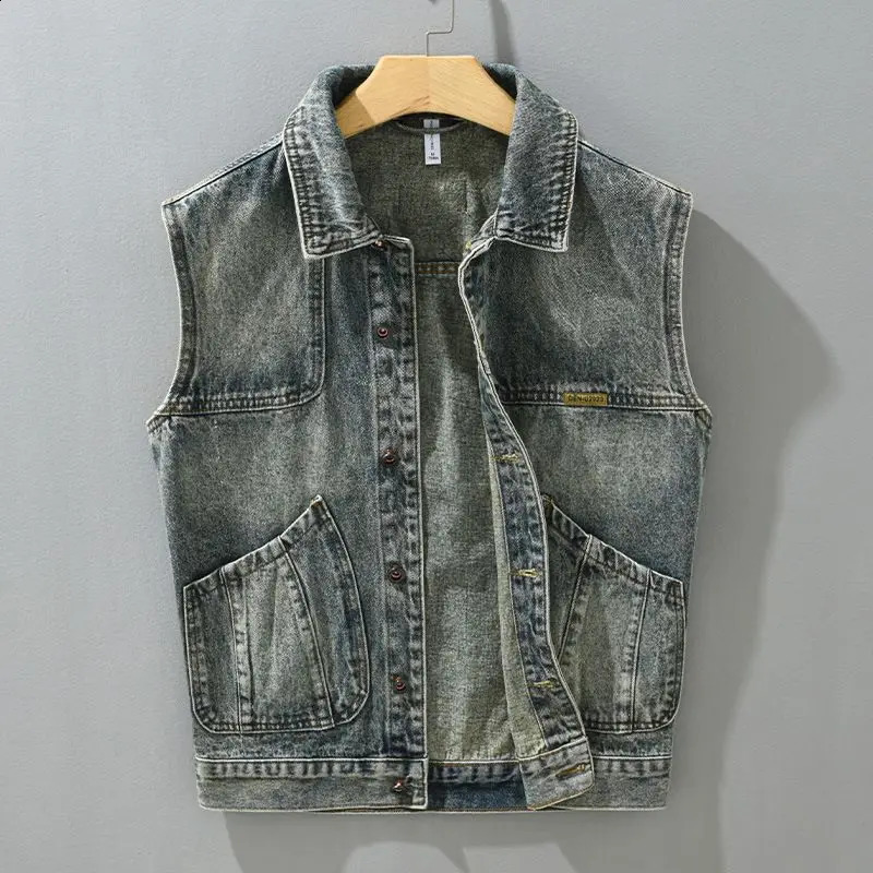 Mens Retro Denim Vest High Street Fashion Slim Fit Handsome Motorcycle Vest Casual Versatile Denim Jacket Mens Clothing 250206