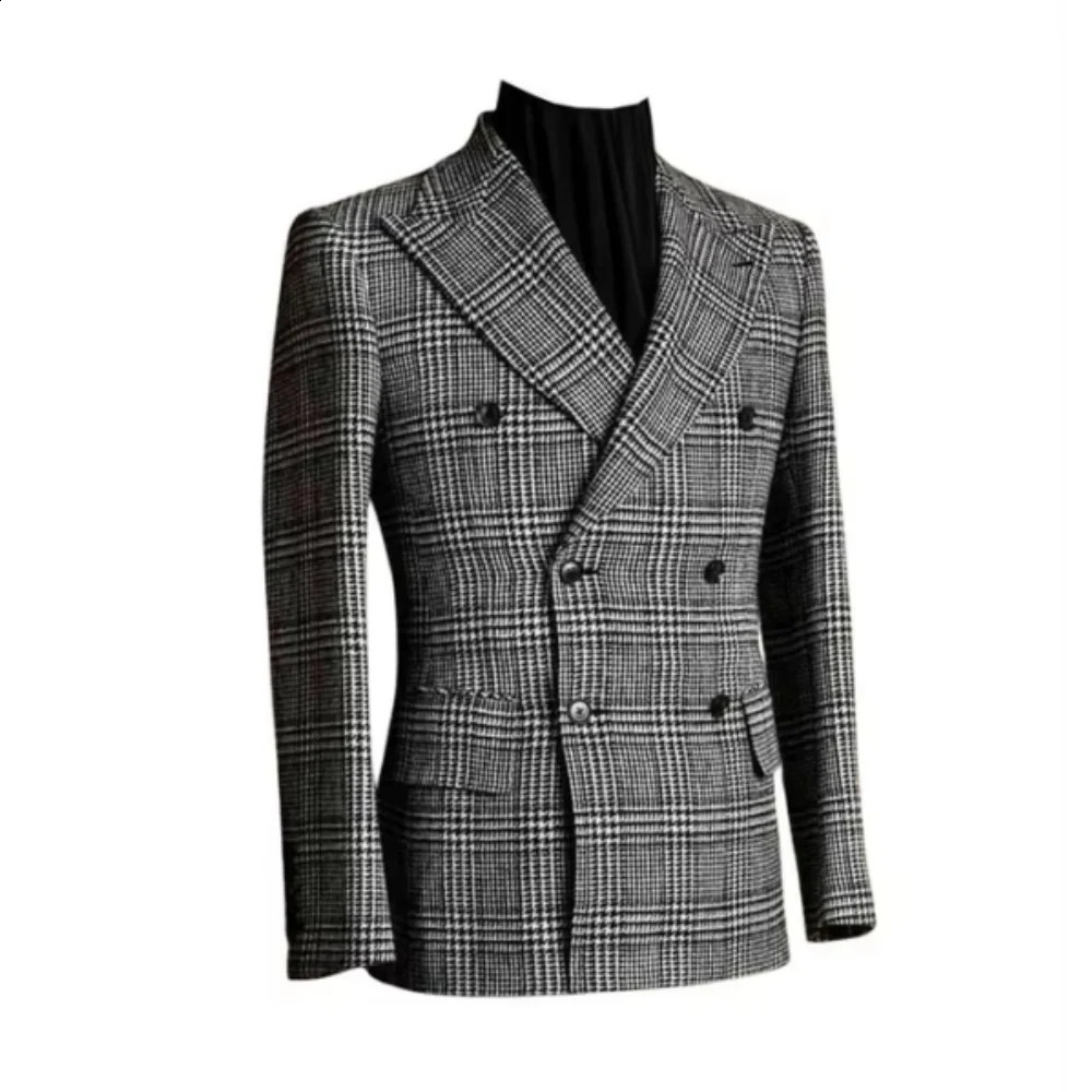 Check Men Blazer for WeddingBusiness Party Plaid Lapel Double Breasted Houndstooth Suit Jacket Male Fashion 1 Pc Coat 250121