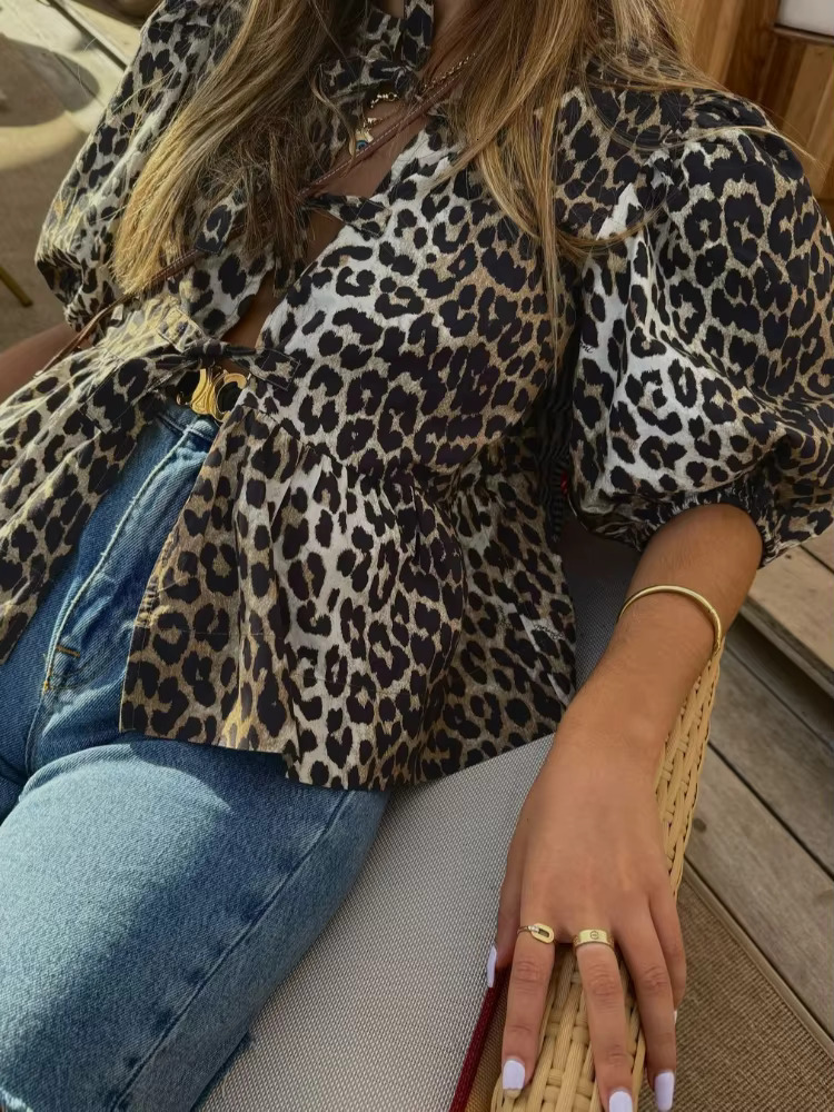 Vintage Women Spring Summer Leopard Print Lace Up Blouses Fashion Short Sleeve Single Breasted O Neck Tops 2025 Chic Streetwear