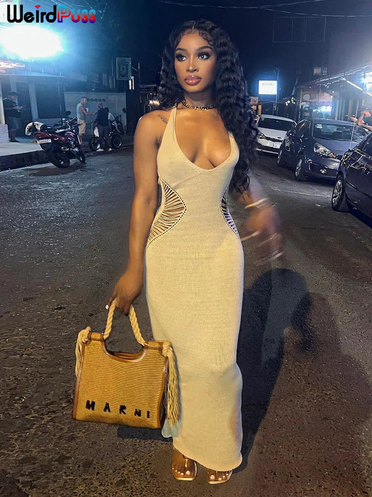 Weird Puss Knit Halter Hollow Maxi Dress Women Lace Up Backless Waistless Sexy Bodycon Stretch Sleeveless Skinny Vacation Outfit 250113