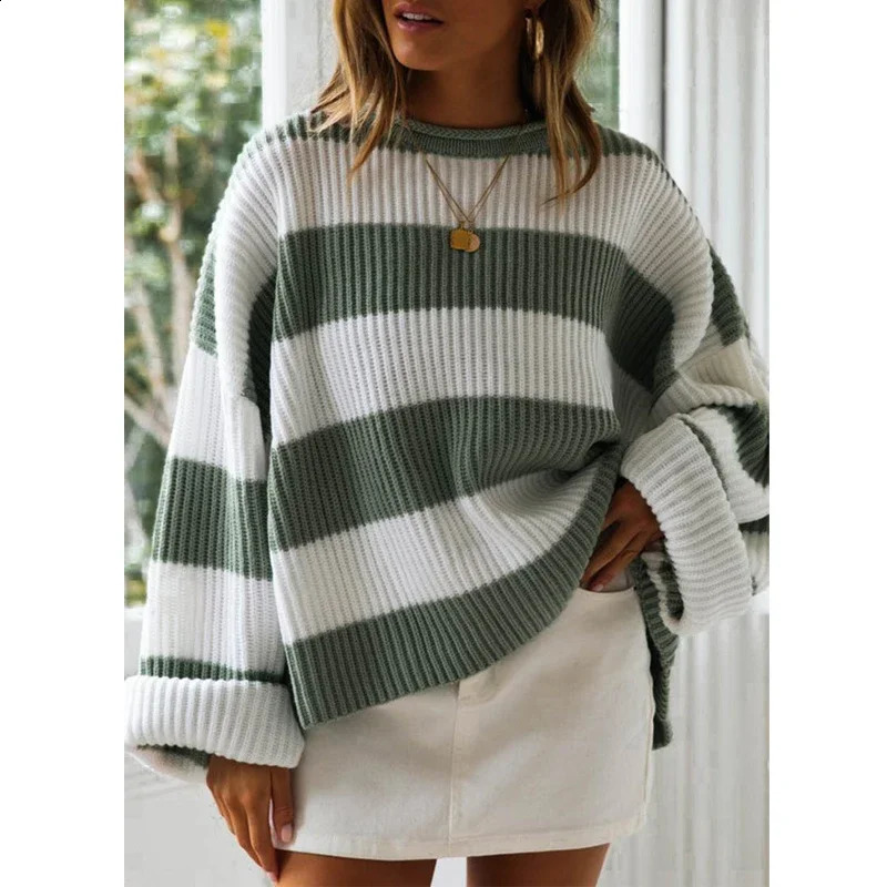 Autumn Winter Women Trendy Casual Streetwear Oversized Y2K Striped Knitted Sweater O Neck Long Sleeve Pullover Tops Jumpers 250206