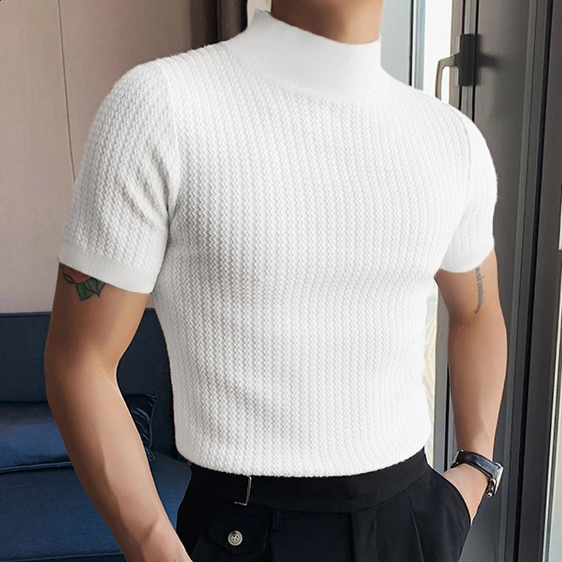 2023 Summer Tight Knited Tshirt Casual Streetwear Highneck Solid Color Shortsleeved Bottoming Tees S3XL Clothing 250120