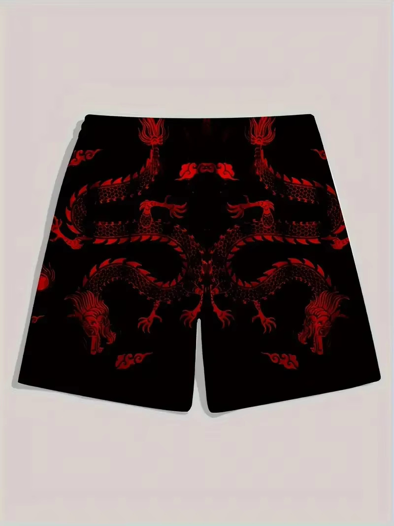 Mens Beach Pants Red Dragon 3D Printed Mens Shorts Summer Casual Breathable Shorts Mens Clothing Bermuda Mens Shorts