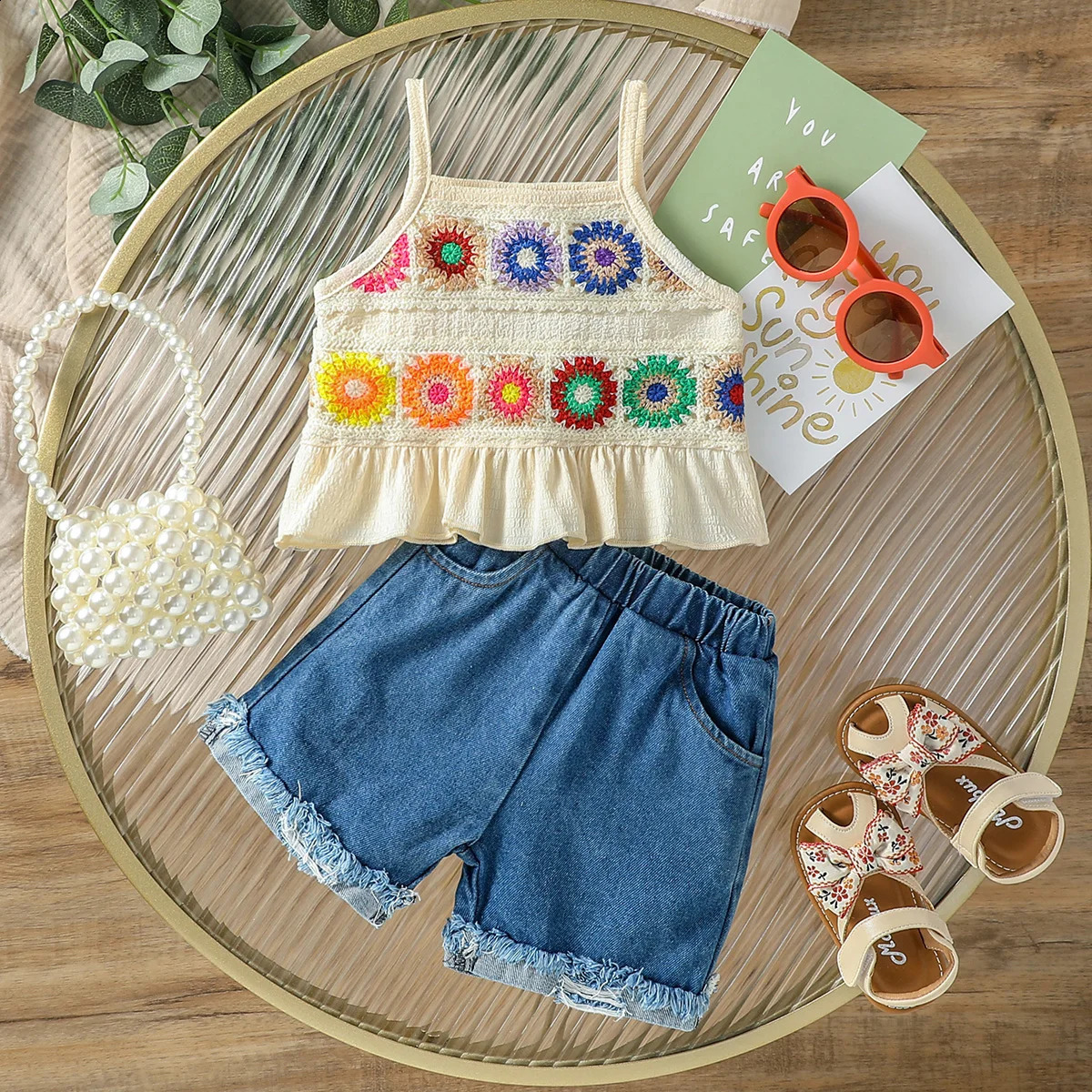 2Pcs Baby Girls Summer Sleeveless Printed Floral Camisole Jeans For Outdoor Wear 250206
