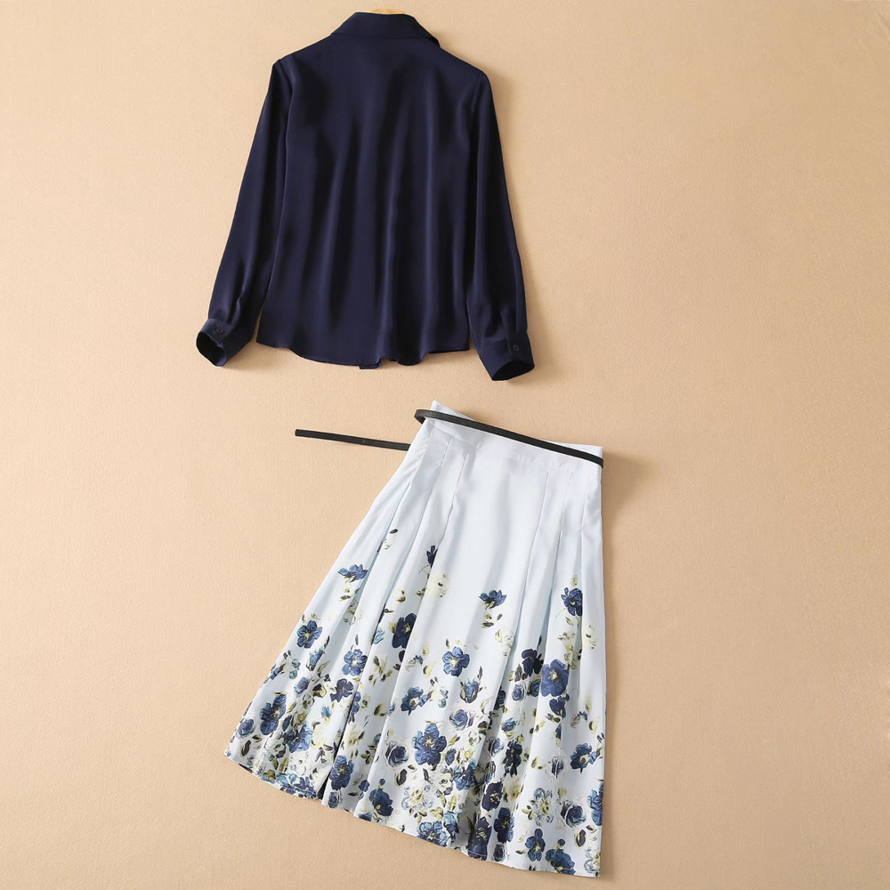 Duty Free 608M95 Women's Two Piece Dress Multicolored Noble Style Summer Collar Long Sleeved Shirt Top+Printed Skirt Set Floral