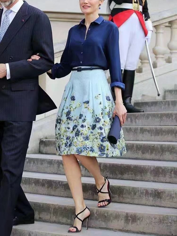 Duty Free 608M95 Women's Two Piece Dress Multicolored Noble Style Summer Collar Long Sleeved Shirt Top+Printed Skirt Set Floral