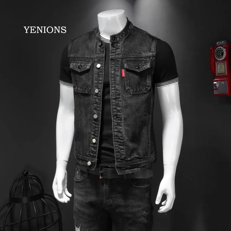 Retro Jean Jacket Mens Denim Vest Coats Slim Black Stand Collar Sleeveless Motorcycle Style Waistcoat Coat Cowboy 250206