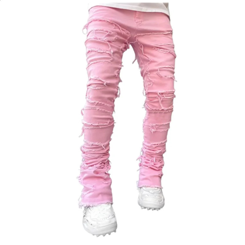 Pink Fashion Stretchy Patch Jeans Men Tassels Destroyed Ripped Broken Denim Pants High Street Y2K Patchwork Pants Male Trousers 250206