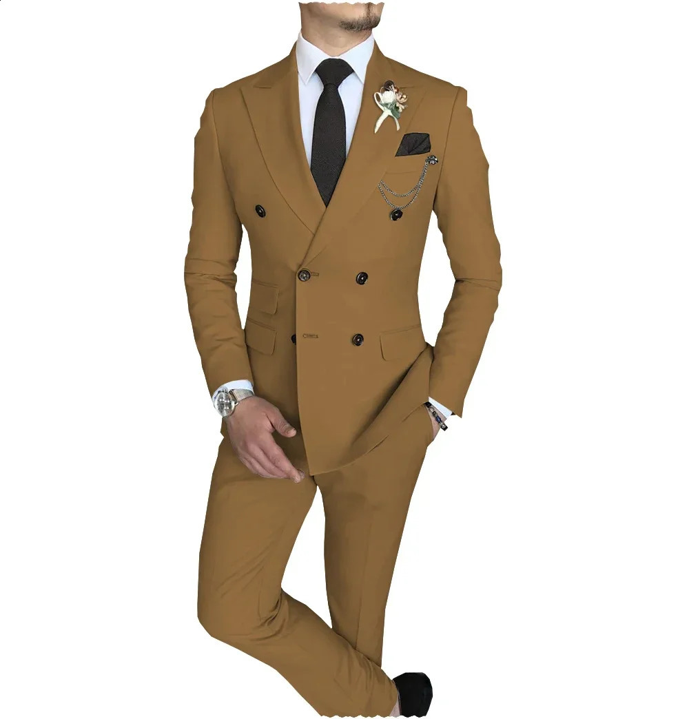 Mens Suit 2 Piece Double Breasted Lapel Jacket Business Casual Slim Fit Wedding For Men BlazerPants 250121