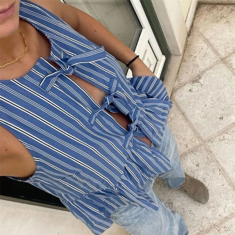 y2k Clothes Tank Top Women Elegant Striped Sleeveless Tie Up Cardigan Vest T Shirt 2000s Aesthetic Streetwear 250206