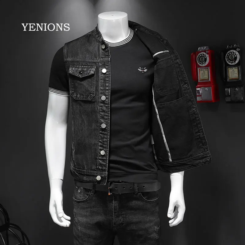Retro Jean Jacket Mens Denim Vest Coats Slim Black Stand Collar Sleeveless Motorcycle Style Waistcoat Coat Cowboy 250206