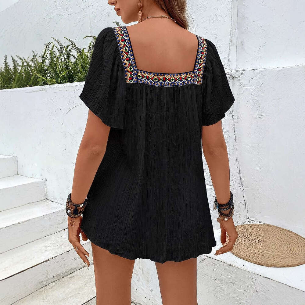European American fashion hot summer item square collar embroidered irregular hem women's shirt 2025 new style chic and elegant clothing