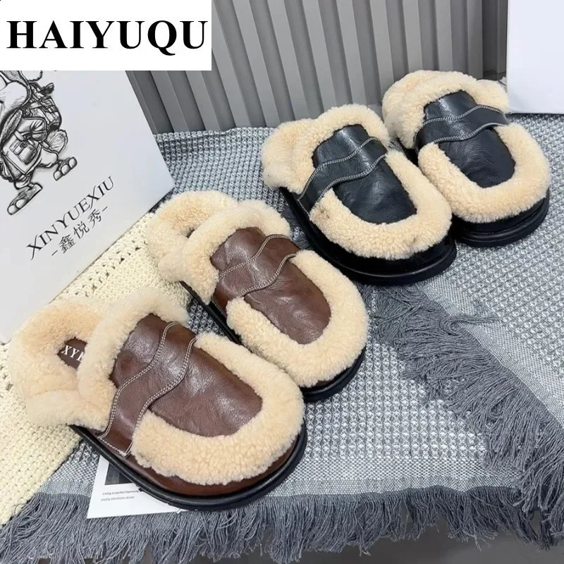Flats Platform Cotton Slippers Women Fur Mules Shoes Winter Plush Warm Slides 2025 Trend Casual Snow Boots Soft Leather Cozy 250120