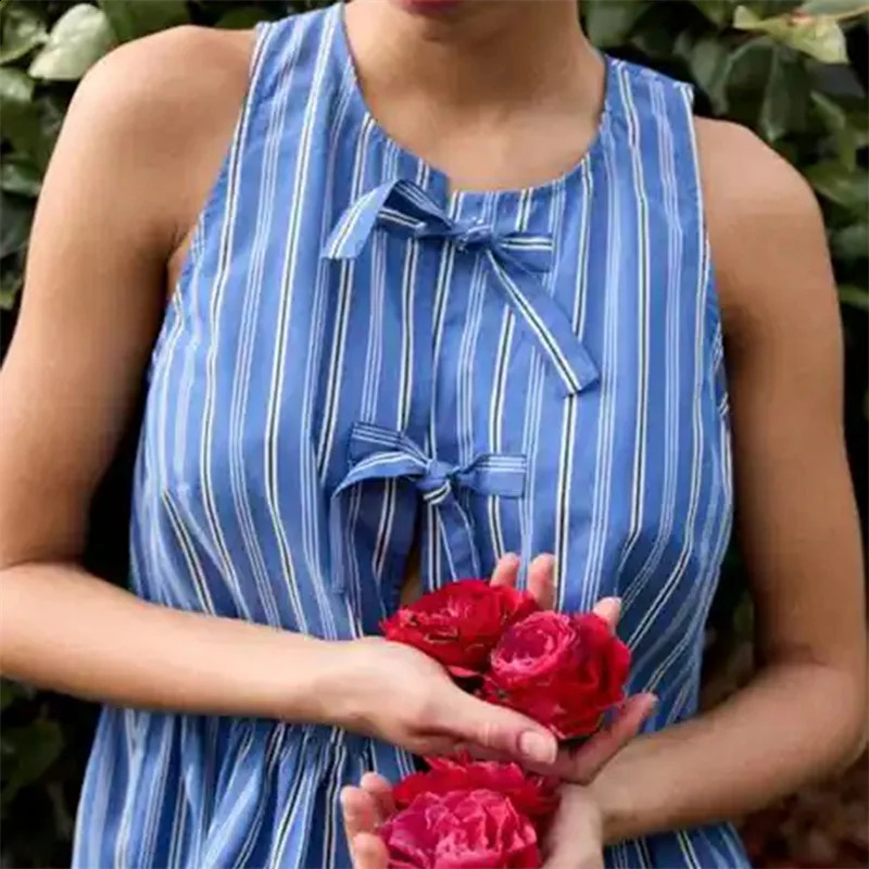 y2k Clothes Tank Top Women Elegant Striped Sleeveless Tie Up Cardigan Vest T Shirt 2000s Aesthetic Streetwear 250206
