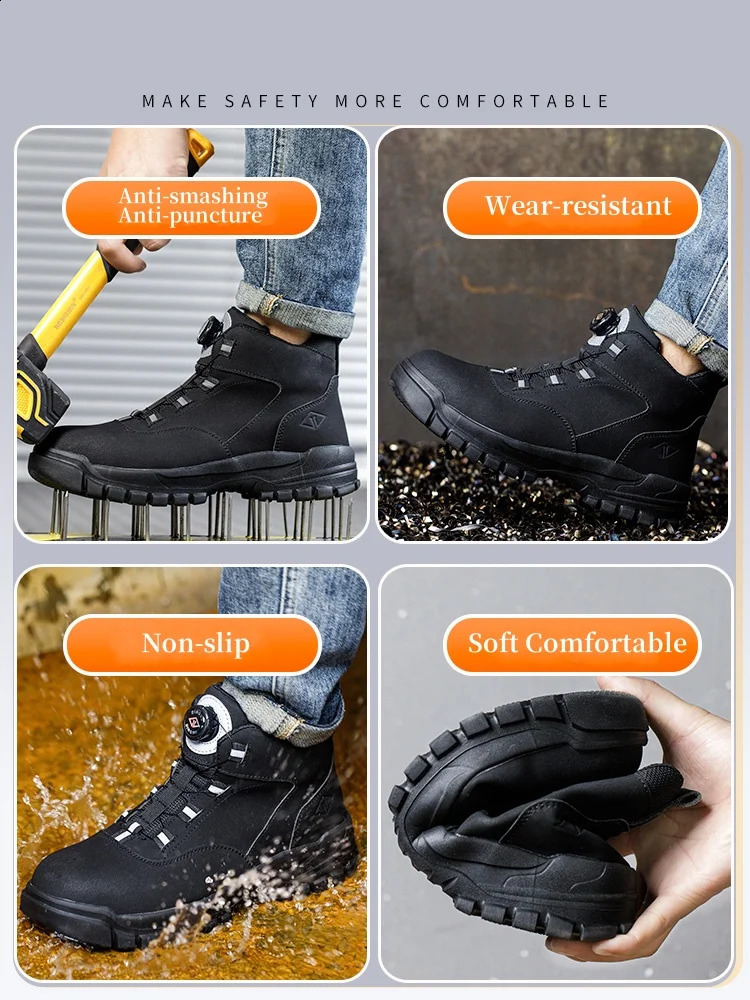 WOUDHONY Work Shoes Men Anti-smashing Anti-puncture Safety Shoes Rotating Buttons Autumn Winter Protective Work Safety Boots 250120