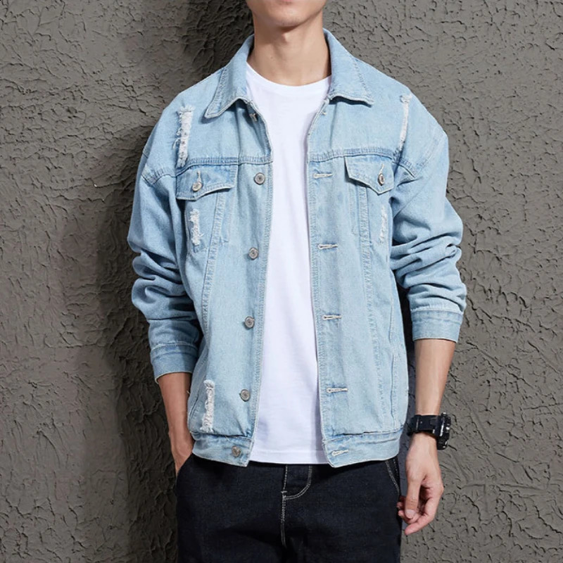 Spring and Autumn Mens Casual Loose Work Coat Trendy Hole Denim Jacket 250206