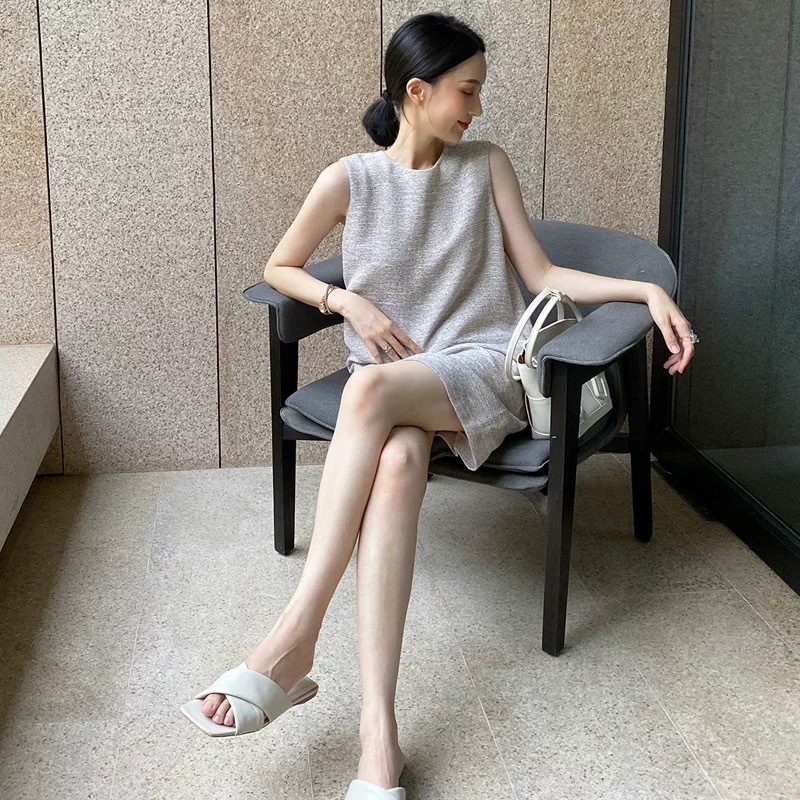 P4200 New summer atmosphere plant dyeing mid-length linen vest dress round neck sleeveless dress summer