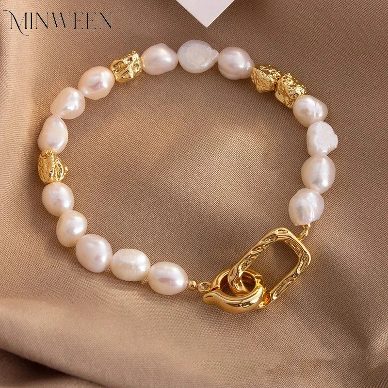 Natural Baroque Freshwater Pearl Bracelet Elegant Gold Color Charms Bangles for Women Personality Jewelry 250121