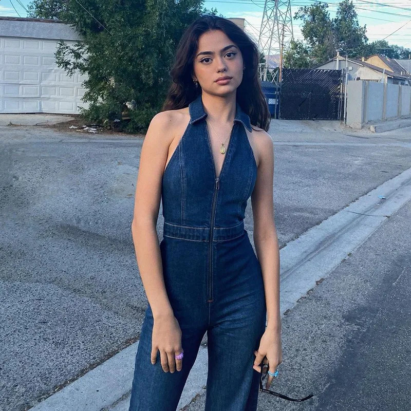 Elegant Women Vintage Jumpsuit Chic Denim Zipper V Neck Halter Sleeveless High Waist Wide Legs Bodycon Summer Jumpsuits 250122
