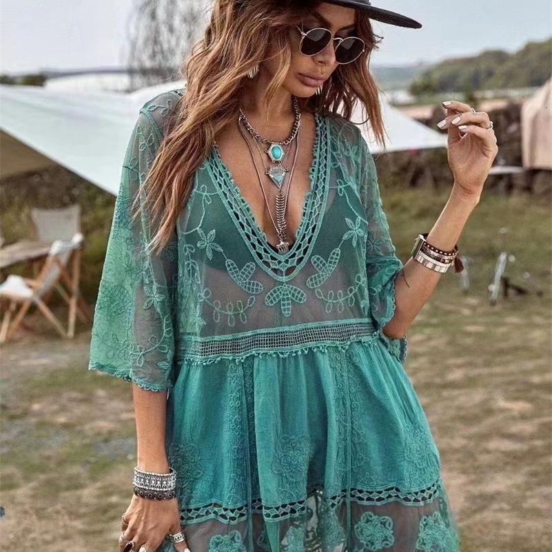 5 Colors Bikini Cover Ups 2024 Lace Beach Dress Solid Biquinis Kimono For Women Free Size Sun Protection Short Sarong VNeck y250122