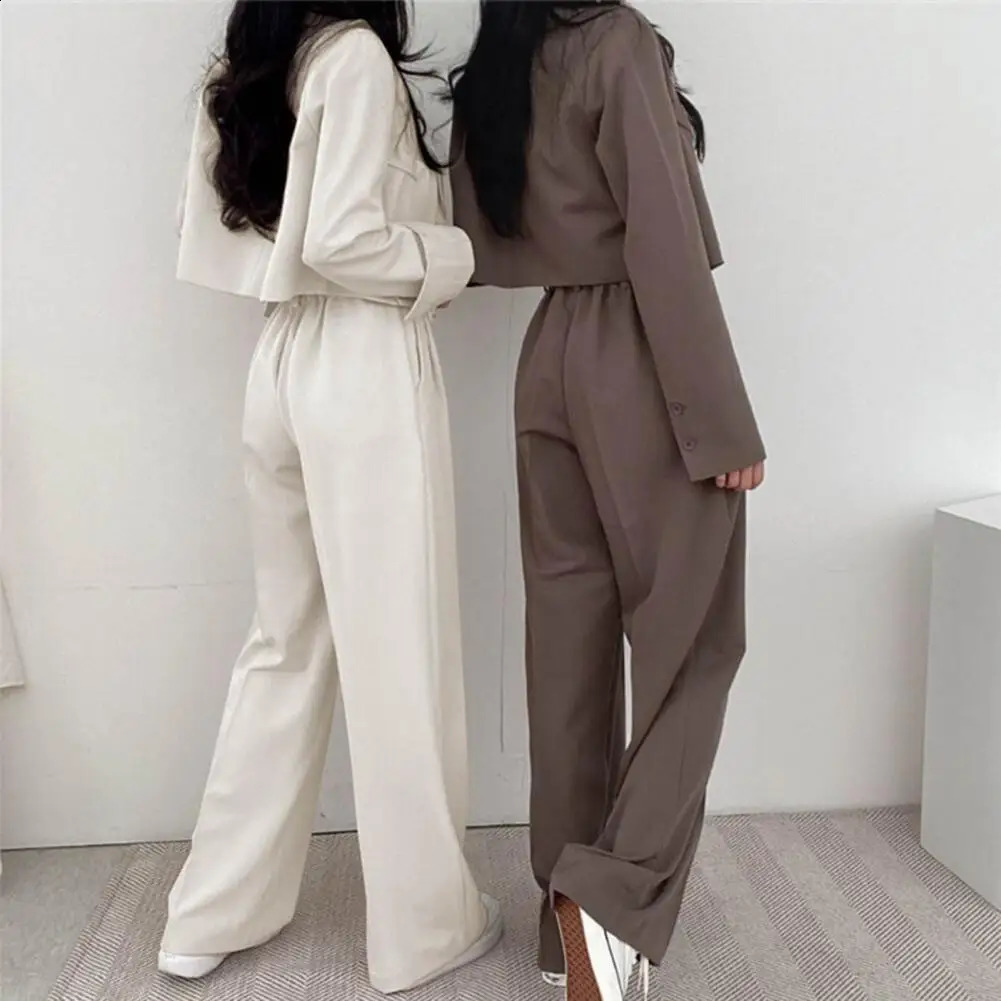 Women Cropped Blazers Pants Two-piece Set Korean Fashion Button Up Suit Jacket Wide Leg Pants Set Casual Lady Blazer Coat Set 250206