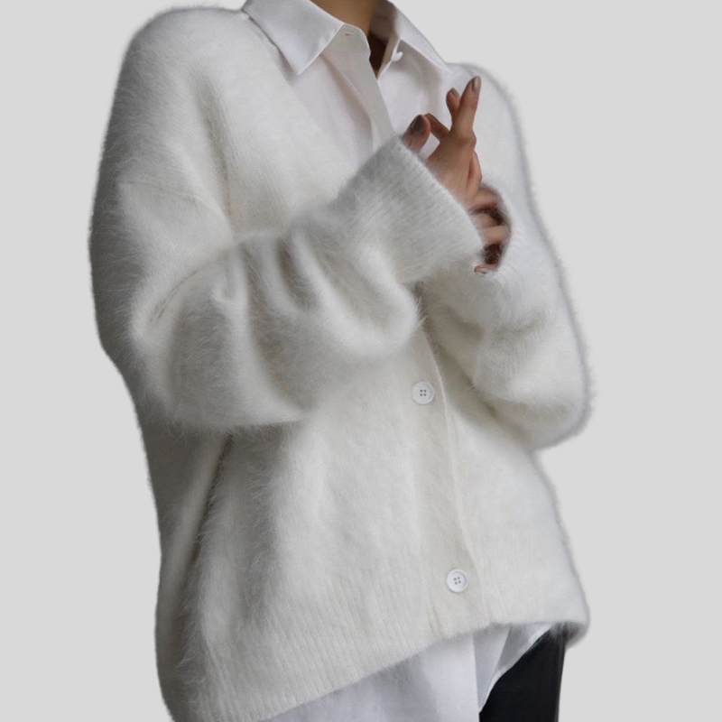 New arrival mink V-neck knitted sweater women's autumn and winter new loose solid color cardigan women's coat