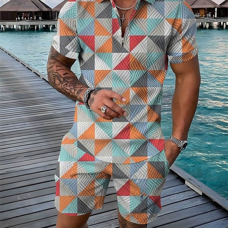 Summer Fashion Mens Sweatsuit set Colored Patches 3D Print Casual Zipper Polo Shirt Shorts 2pcs Sets Oversized Tracksuit Sets 250109