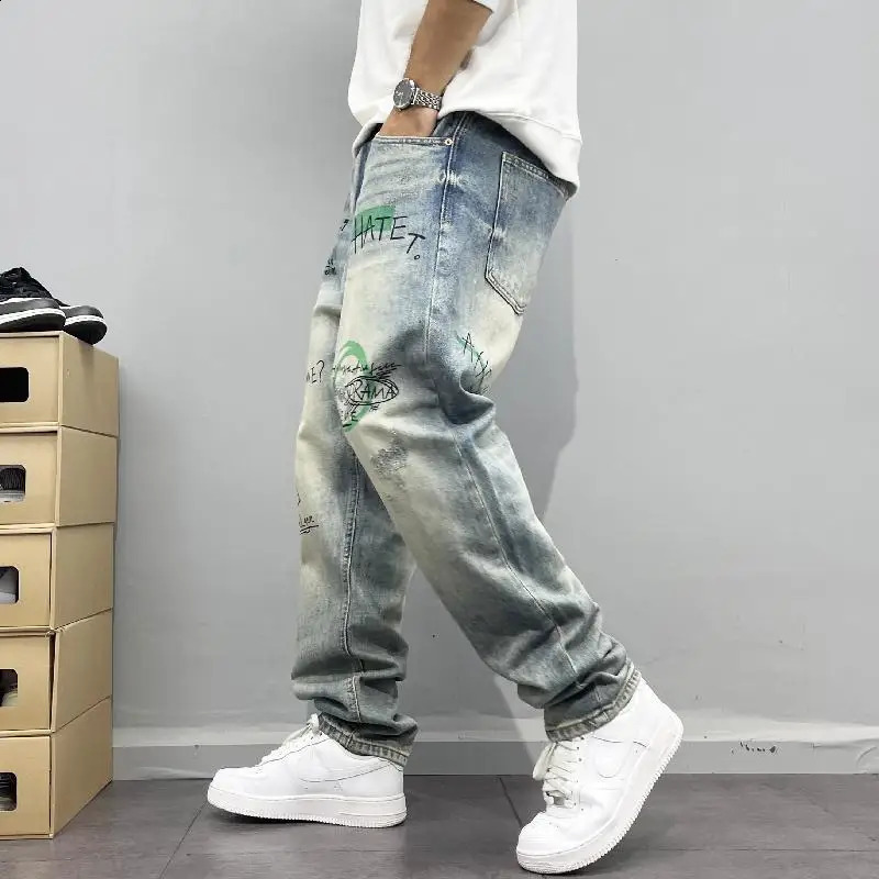 American Retro Street Style Personalized Printed Straight Leg Jeans for Men Loose Fitting Washed High Street Hip-hop Pants 250118