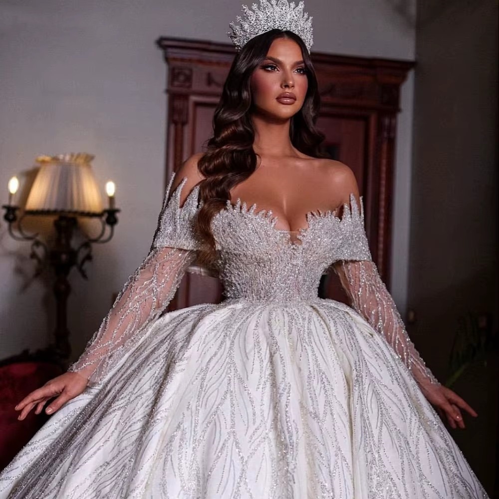 Ball Wedding Dresses Long Sleeves Off Shoulder Bridal Gown Appliques Sequins Sweep Train Dress Customized