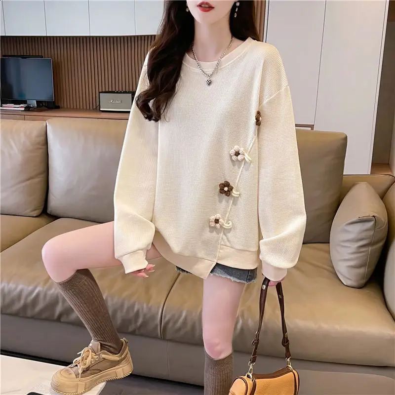 Sense Niche Long Sleeved Versatile Korean Version Loose Plus Size Waffle Hoodie Top for Women 250206