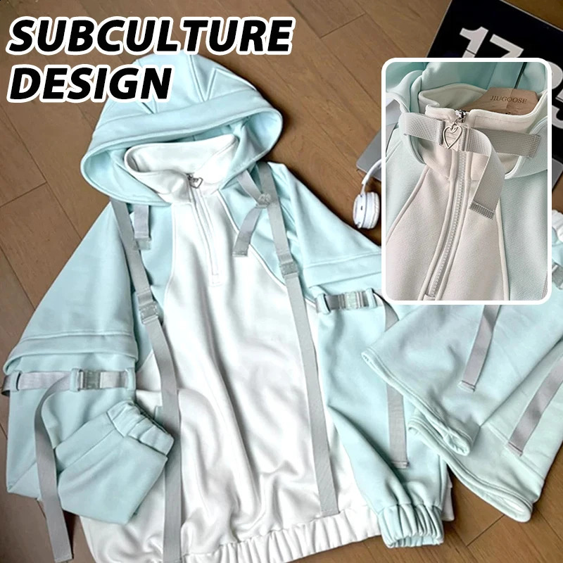 Japanese Subculture Sense Hoodies Autumn Y2k Kawaii Hoodie Suit Blue Sweet Oversized Womens Loose Casual Clothing 250206