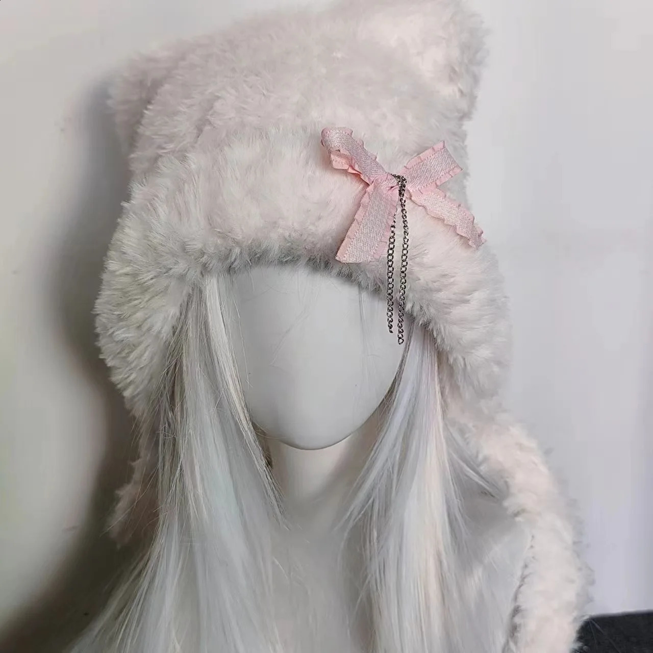 Harajuku Gothic Lolita Y2K Knitted Bear Ear Bowknot Chain Hat Women Punk er Winter Black Beanie Female Accessories Cap 250120