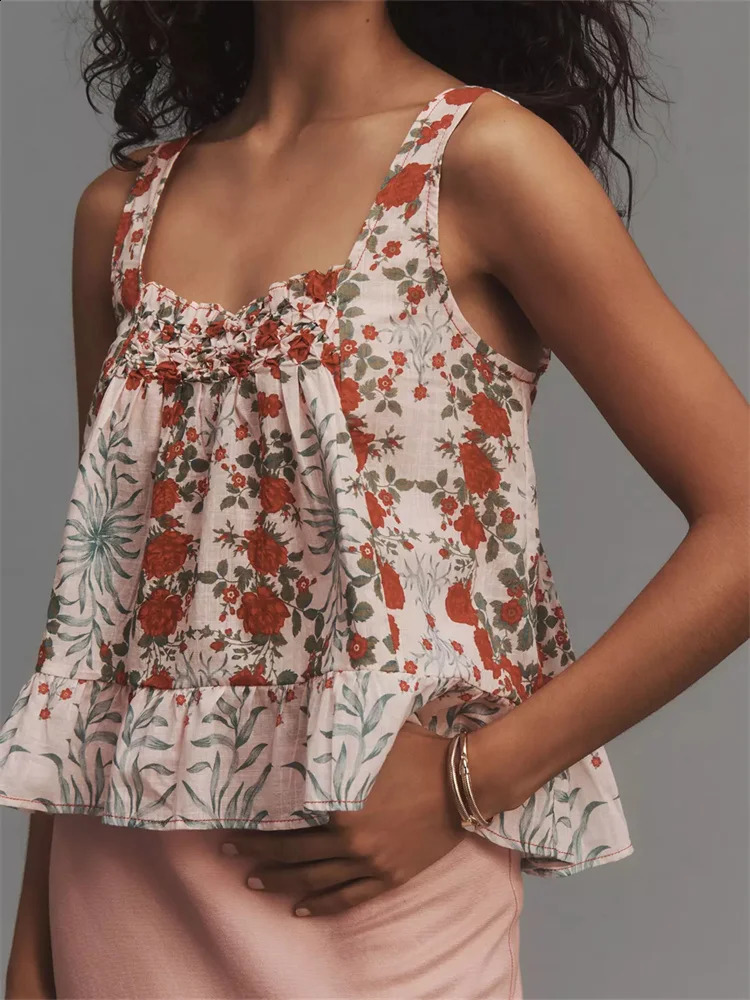 CHRONSTYLE Vintage Women Sleeveless Square Neck Low Cut Tank Tops Loose Casual Summer Floral Print Vest Streetwear Camisole 250206