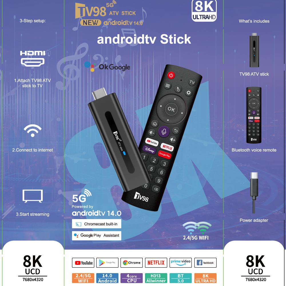 TV98 Mini TV Stick Android 14 TV Stick HDR Set Top Box 8K Video WiFi 2.4/5G Streaming Smart TV Box for Network Media Player