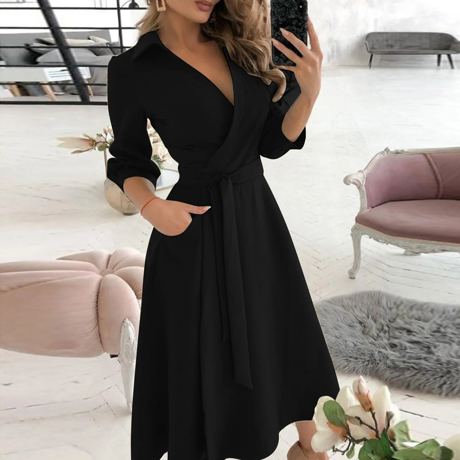 Womens Casual Summer Midi Dress Pure Color V-Neck Lacing Dresses Slim Body Wrap Hips Office Lady Monochromatic Midi Dress 250206