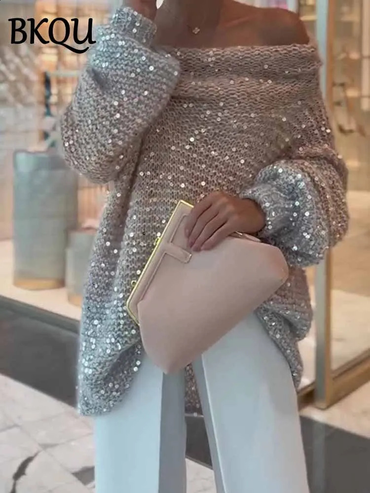 BKQU Sequin Off Shoulder Sweater Women Elegant Lantern Sleeve Loose Shiny Knit Pullover Autumn Winter Fashion Street Jumper 2025 250121