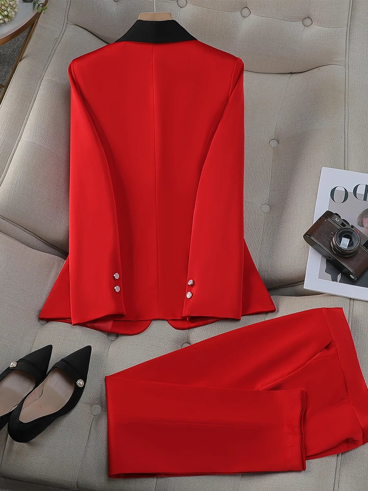 Office Ladies Pant Suit Women Yellow Red Purple Apricot Female Business Work Wear Jacket Blazer and Trouser Formal 2 Piece Set 250206