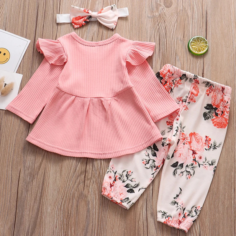Spring born Baby Girl Clothes Set Cute Pink Color Long Sleevs Tops Flower Pants Headband 0-24M 3Pcs Infant Girl Clothing Suit 250206