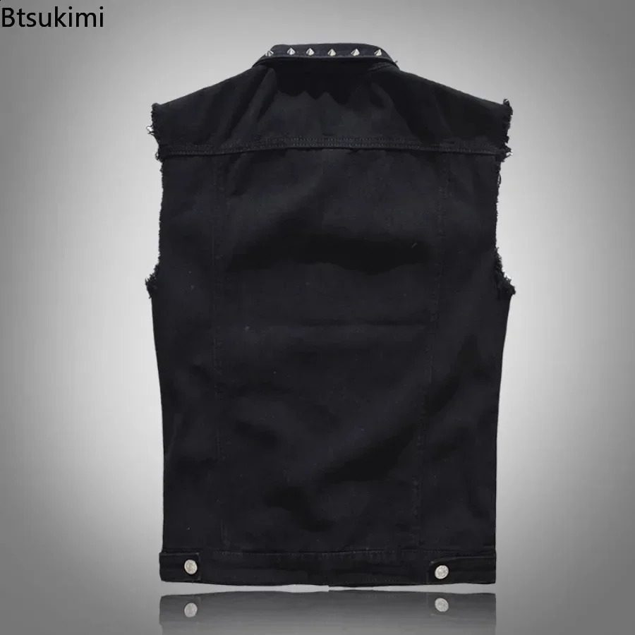 Plus Size 5XL 6XL Mens Denim Vest Punk Rock Rivet Cowboy Black Jeans Waistcoat Fashion Men Motorcycle Sleeveless Jeans Jacket 250206