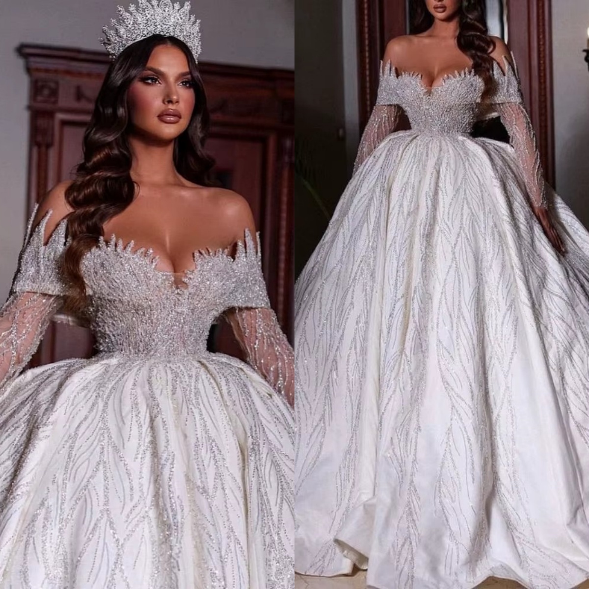 Ball Wedding Dresses Long Sleeves Off Shoulder Bridal Gown Appliques Sequins Sweep Train Dress Customized