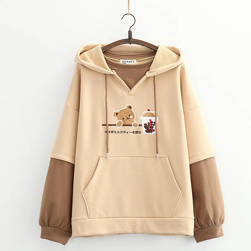 Winter Clothing Korean Edition Casual Versatile College Style Embroidered Milk Tea Bear Hoodie with Velvet Top 250206