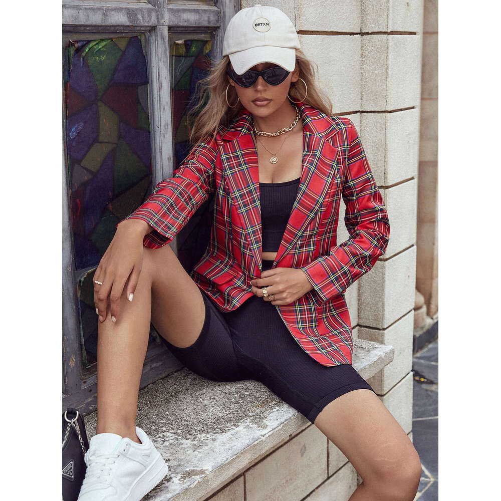 Hot selg tops in Europe, America, autumn and winter, Christmas red checkered suit, 2025 versatile temperament, new trendy clothing ins