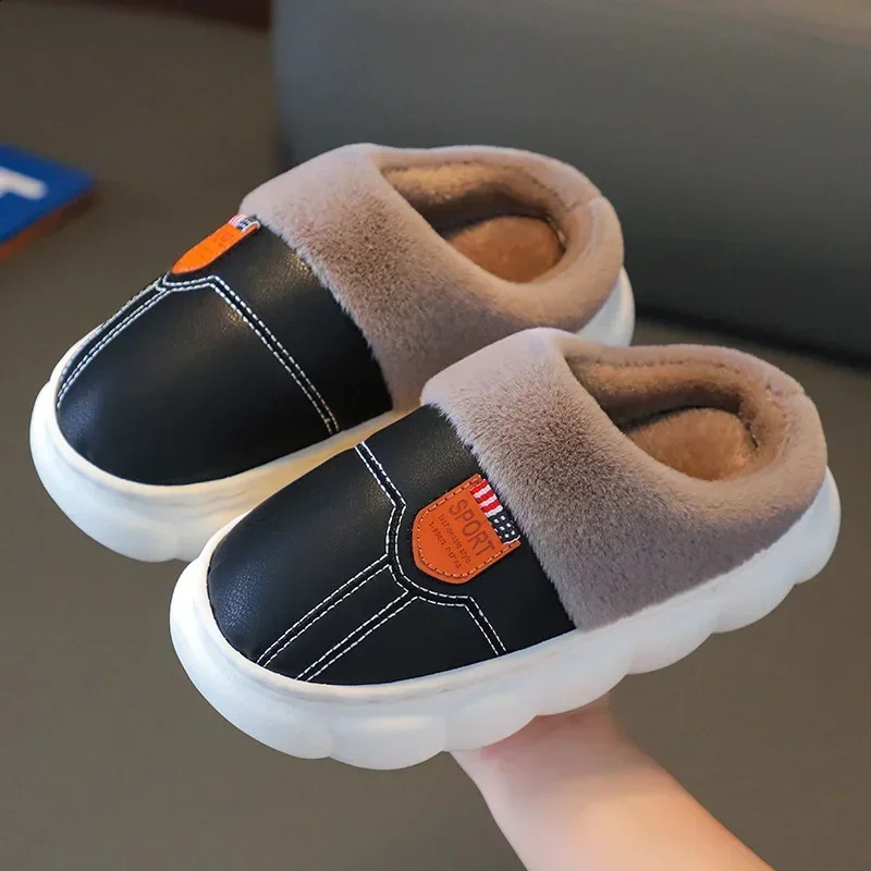Children Cotton Slippers Princess Shoes Kids Warm Winter Waterproof Leather Furry Slippers Little Girl Boy Soft Sole Baby Shoes 250206