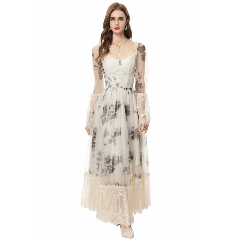 OC133M91 Spring and Summer Women's Dress Multicolored V-neck Long Sleeved Printed Patchwork Lace Long Skirt Temperament Socialite