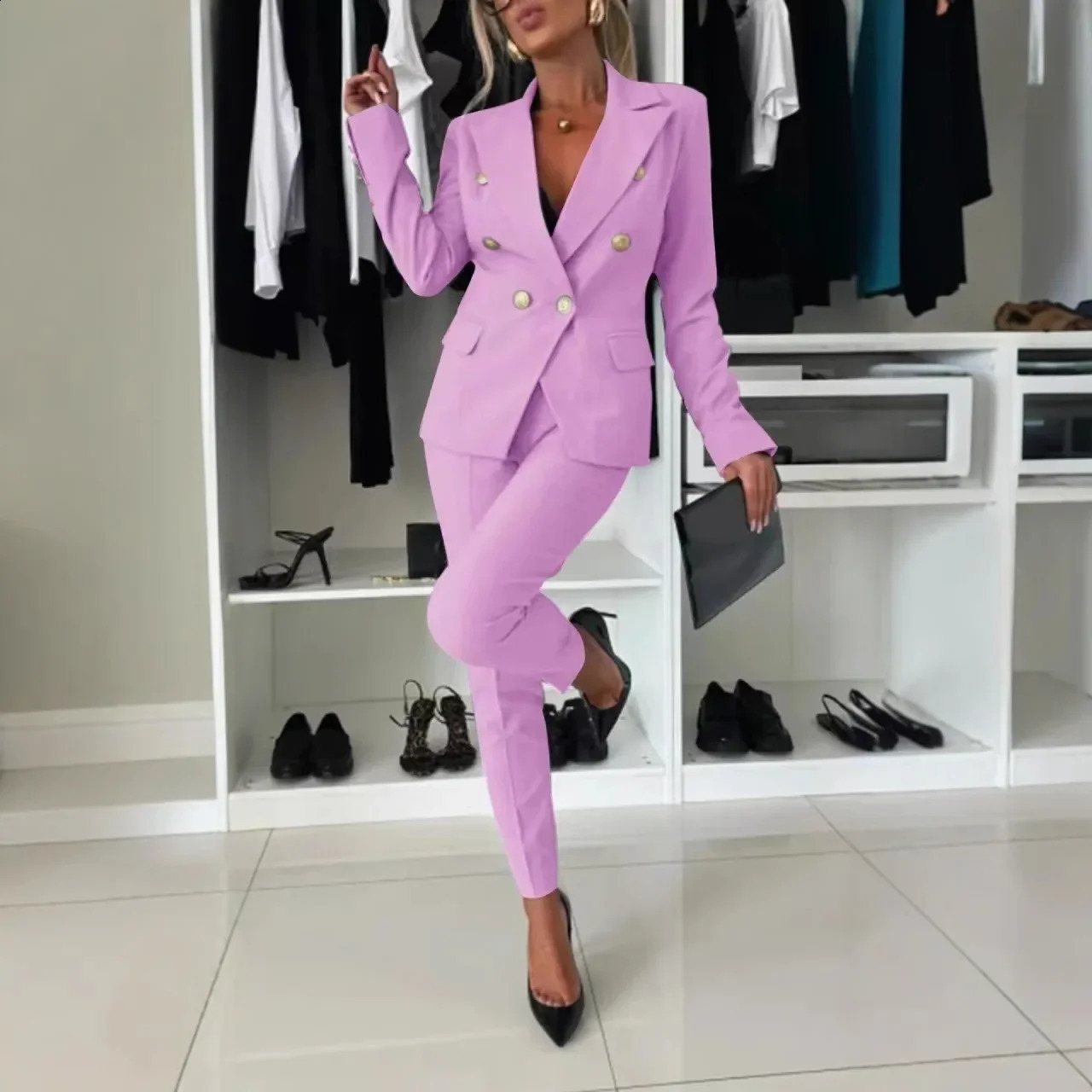 Women Office Smart Clothes Set 2pcs Blazer Double Breasted Button Solid Color Jacket High Waist Slim Pencil Pants 250206