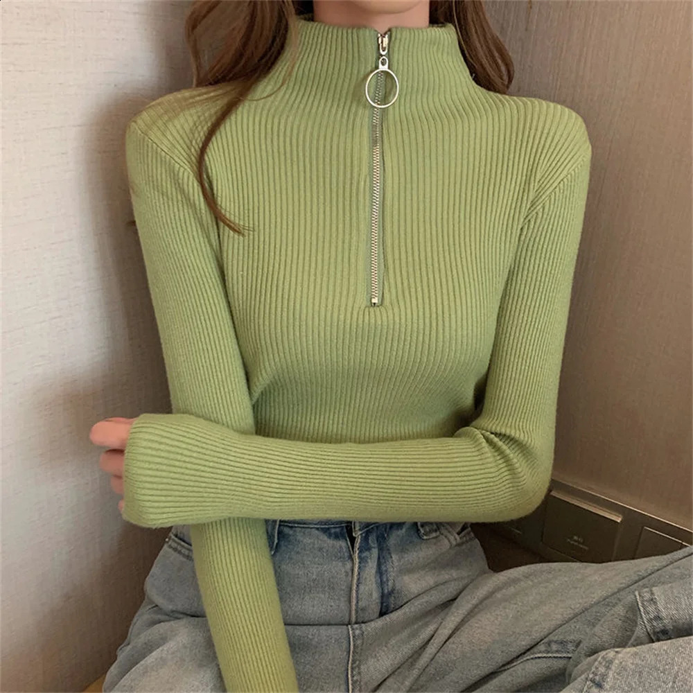 Autumn Winter Basic Long Sleeve Ladies Korean Solid Slim Fit Knitwears Women Spring Fashion Womens Zipper Red Knitted Sweater 250206