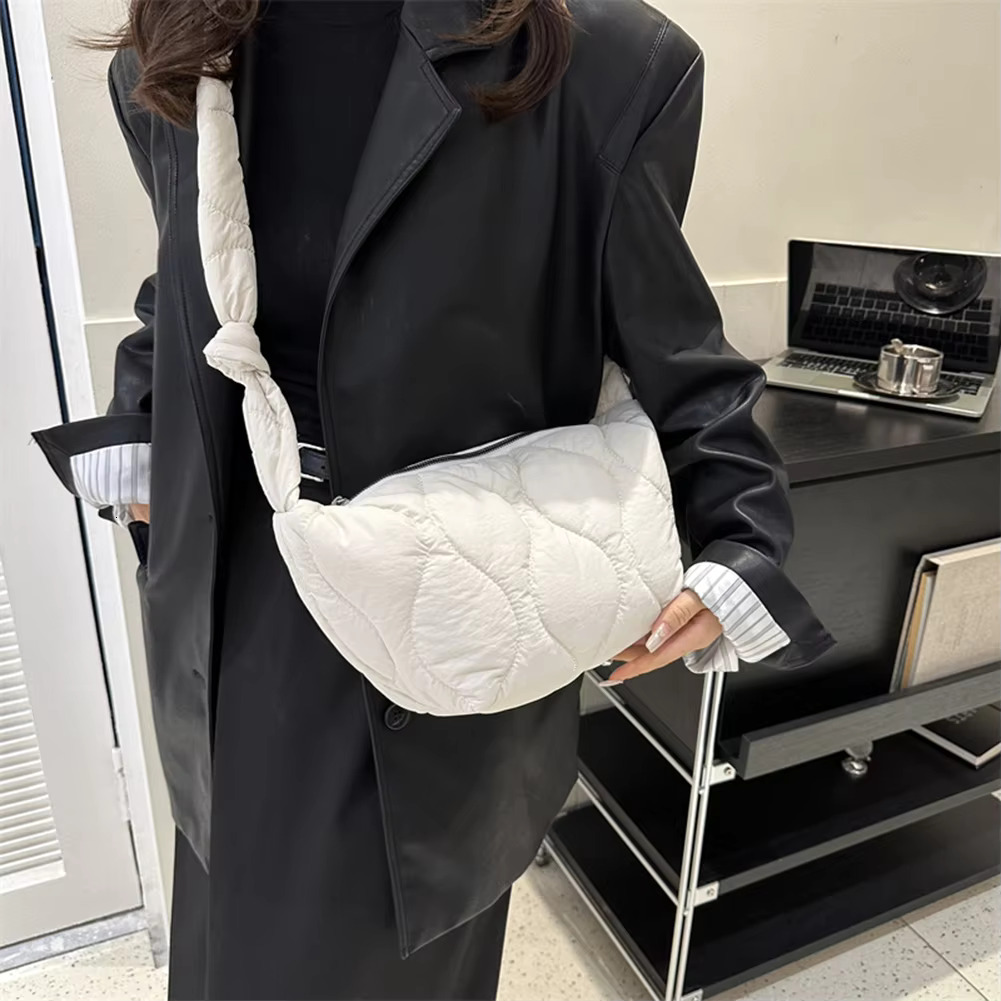 Puffer Shoulder For Women Soft Down Cotton Padded Tote Handbag Purse Quilted Cross Body Solid Color Pillow Shopper Bag Cotton Fabric Gender Neutral