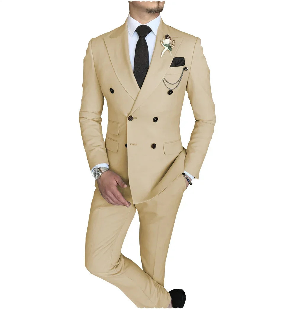 Mens Suit 2 Piece Double Breasted Lapel Jacket Business Casual Slim Fit Wedding For Men BlazerPants 250121
